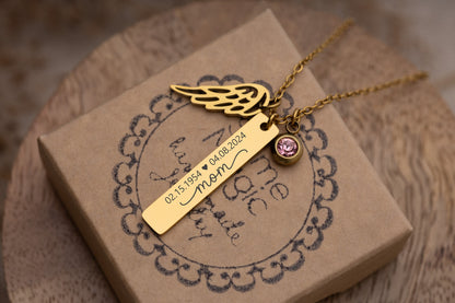 Personalized Monogram Necklaces Birthstone Pendant Mothers Unique Memorial Jewelry Bereavement Gift Loss of Loved One Wing Necklace, KP.6