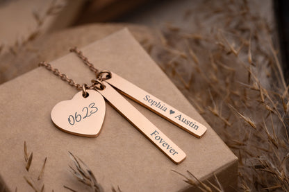 Multiple Charm Necklace with Engraved Heart and Vertical Bar Pendants for Her, Mom Jewelry With Kids Names, Personalized Gift For Mum, KP.2