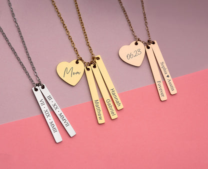 Multiple Charm Necklace with Engraved Heart and Vertical Bar Pendants for Her, Mom Jewelry With Kids Names, Personalized Gift For Mum, KP.2
