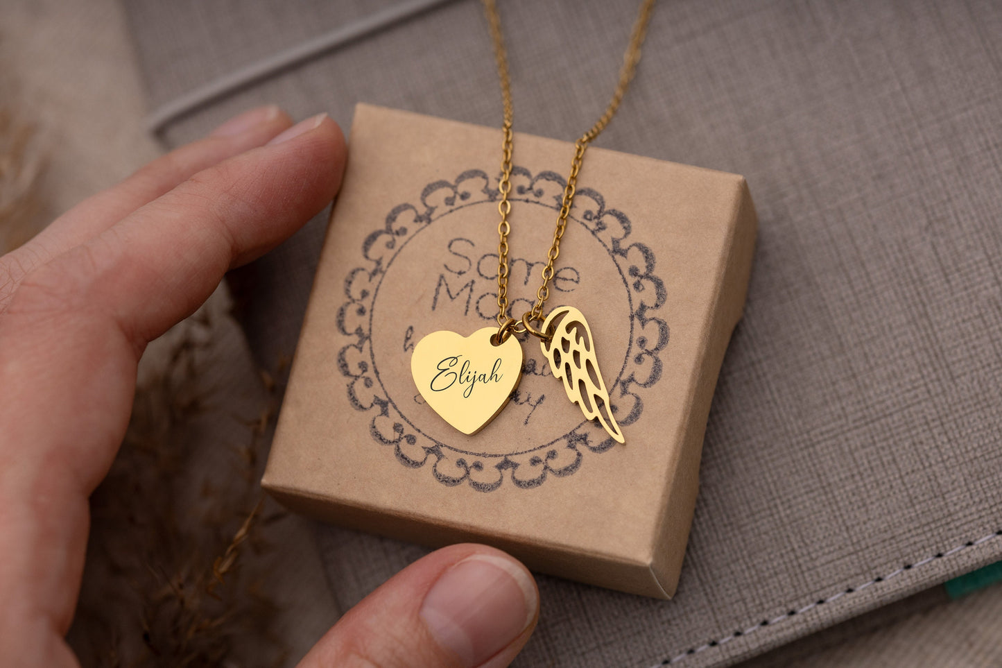 Memorial Heart Necklace with Custom Text Angel Wing, Loss of Mother or Father Remembrance Gift, Personalized Grief or Bereavement Gift, KP.2