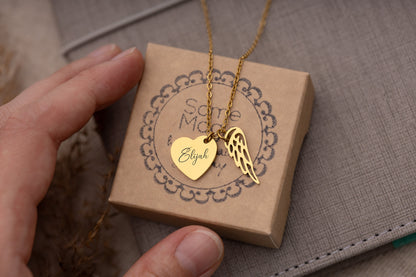 Memorial Heart Necklace with Custom Text Angel Wing, Loss of Mother or Father Remembrance Gift, Personalized Grief or Bereavement Gift, KP.2
