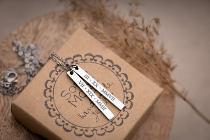 Multiple Charm Necklace with Engraved Heart and Vertical Bar Pendants for Her, Mom Jewelry With Kids Names, Personalized Gift For Mum, KP.2