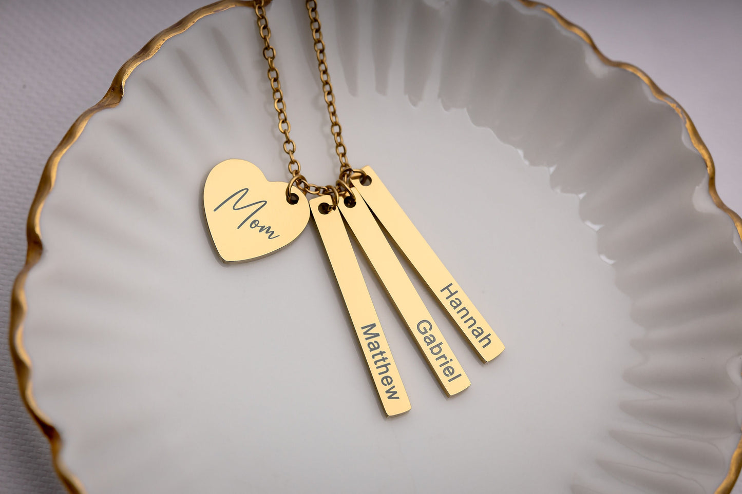 Custom Mom Jewelry with Kids Names, Personalized Multiple Charm Necklace with Engraved Heart and Bar Pendants for Women, Gift for Her, KP.2