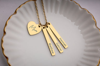 Custom Mom Jewelry with Kids Names, Personalized Multiple Charm Necklace with Engraved Heart and Bar Pendants for Women, Gift for Her, KP.2