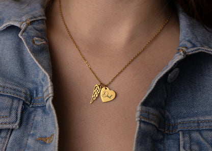 Memorial Heart Necklace with Custom Text Angel Wing, Loss of Mother or Father Remembrance Gift, Personalized Grief or Bereavement Gift, KP.2