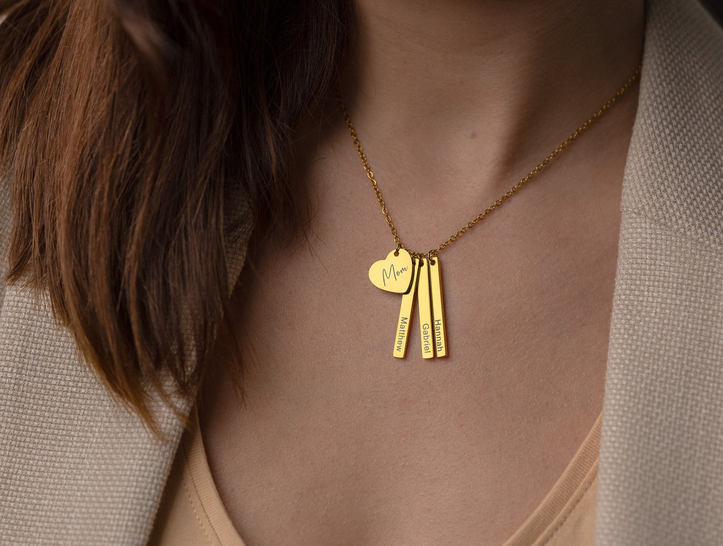 Multiple Charm Necklace with Engraved Heart and Vertical Bar Pendants for Her, Mom Jewelry With Kids Names, Personalized Gift For Mum, KP.2