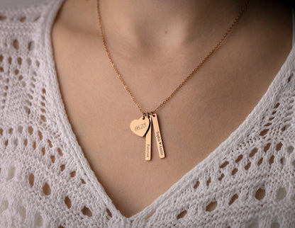 Custom Mom Jewelry with Kids Names, Personalized Multiple Charm Necklace with Engraved Heart and Bar Pendants for Women, Gift for Her, KP.2