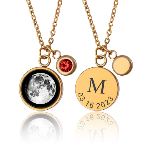 Birthstone & Moon Phase Necklace with Custom Engraved Initial and Date, Personalized Jewelry for Her, Custom Birthday Gift for Women, KP.8