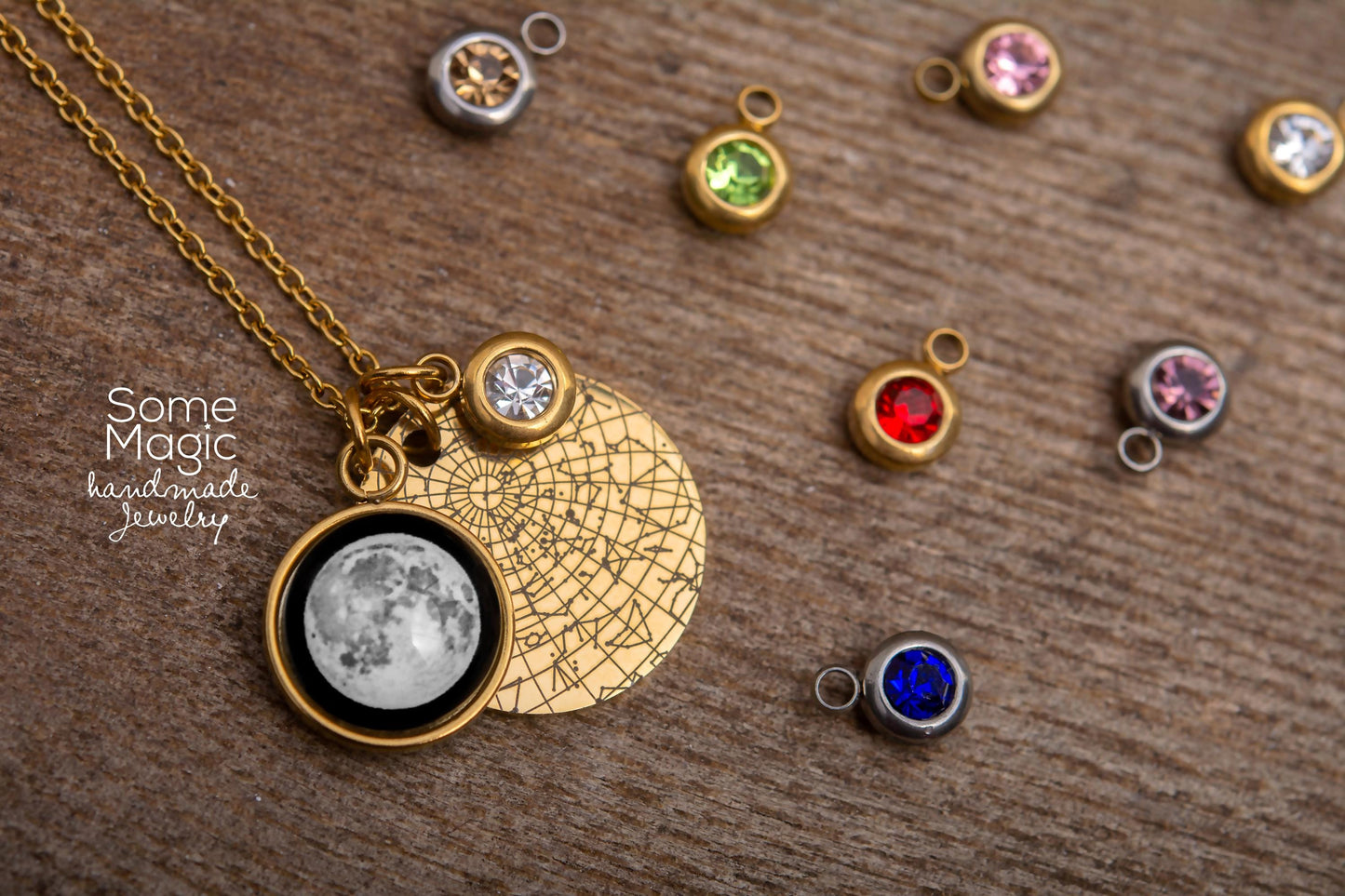 Personalized Star Map and Moon Phase Necklace with a Birthstone, Stars by Date and Place, Custom Birth Moon and Star Chart Jewelry, KP.7