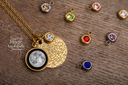 Star Map Necklace with Custom Moon Phase and Birthstone, Star Map by Date, Custom Birth Moon, Personalized Jewelry Birthday Gift, KP.7