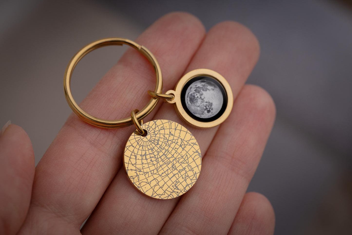 Star Map And Moon Phase Keychain, Engraved Custom Night Sky Keyring, Star Map By Date, Personalized Birthday Gift For Men, Anniversary, RP.2