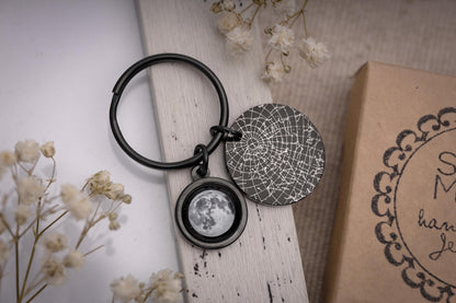 Star Map And Moon Phase Keychain, Engraved Custom Night Sky Keyring, Star Map By Date, Personalized Birthday Gift For Men, Anniversary, RP.2