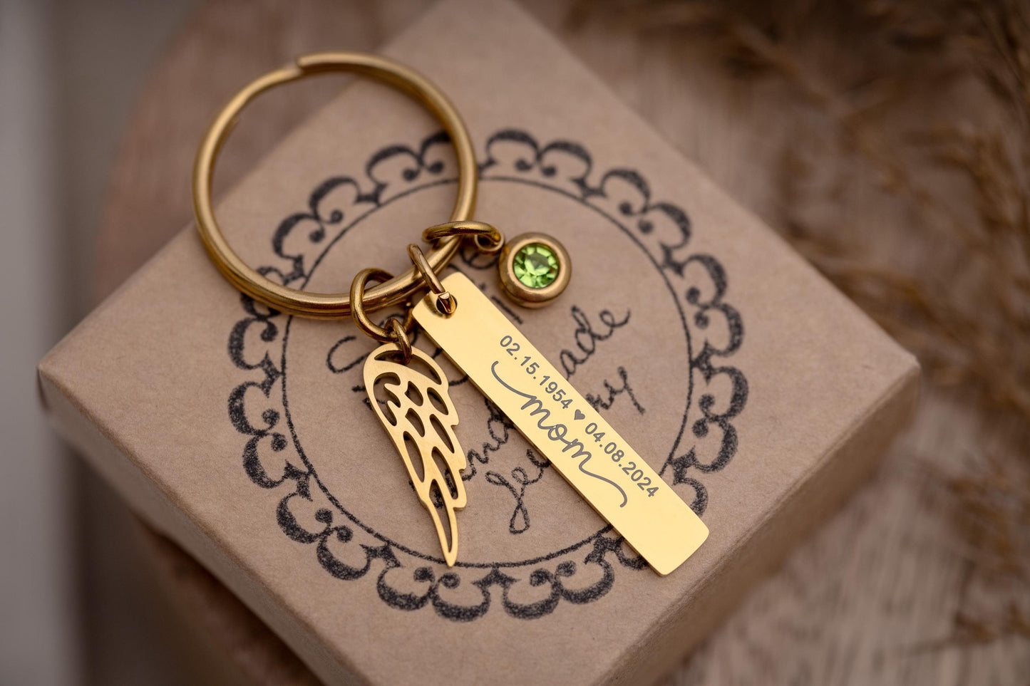 Loss of Mom Sympathy Gift, Memorial Keychain with Angel Wing and Birthstone, Remembrance Grief Gift Custom Engraved Personalized Keyring C.2