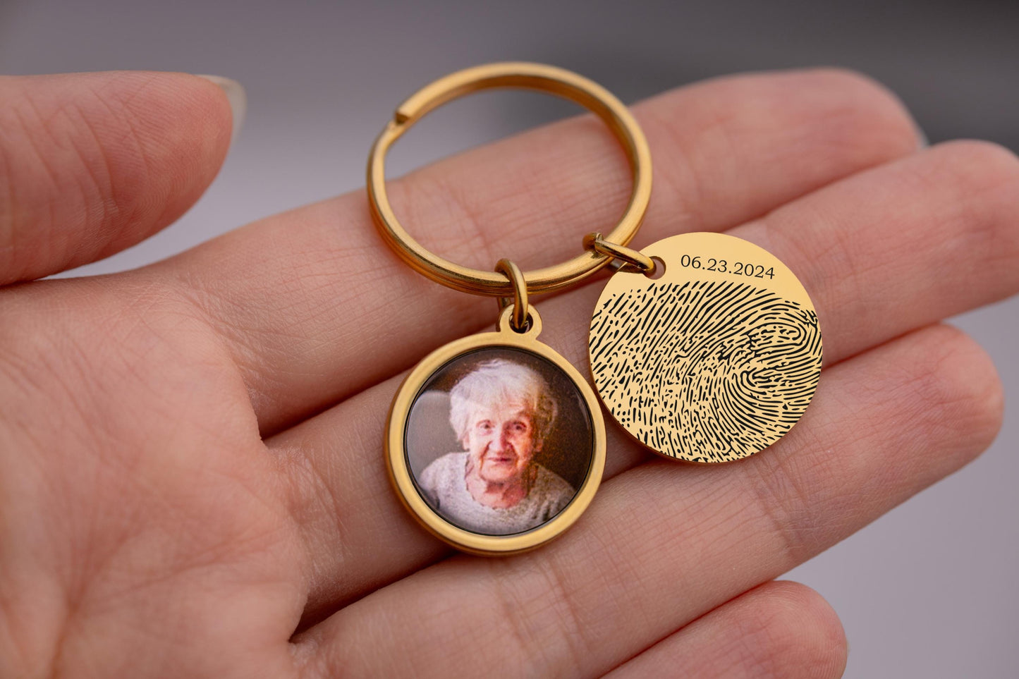 Memorial Keychain with Fingerprint & Person Photo, Custom Engraved Keyring, Personalized Remembrance Gift, Loss of Father, Loss of Dad, C.1