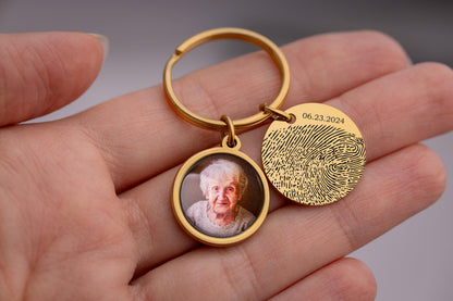Memorial Keychain with Fingerprint & Person Photo, Custom Engraved Keyring, Personalized Remembrance Gift, Loss of Father, Loss of Dad, C.1