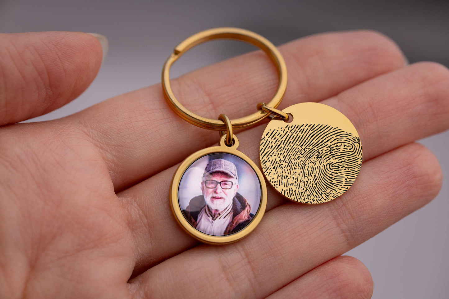Memorial Keychain with Fingerprint & Person Photo, Custom Engraved Keyring, Personalized Remembrance Gift, Loss of Father, Loss of Dad, C.1