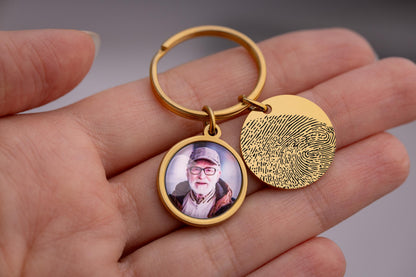 Memorial Keychain with Fingerprint & Person Photo, Custom Engraved Keyring, Personalized Remembrance Gift, Loss of Father, Loss of Dad, C.1