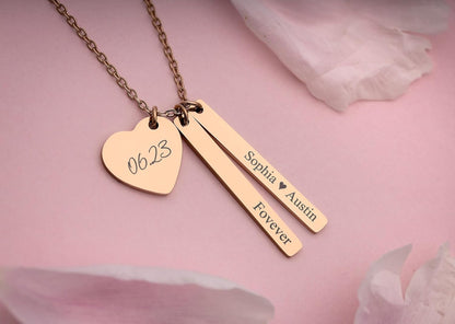 Personalized Kids Name Necklace for Mom - Custom Heart and Vertical Bar Necklace with Multiple Name Pendants - Gift for Her, for Women, KP.2