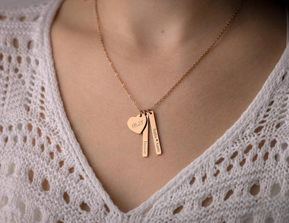 Personalized Kids Name Necklace for Mom - Custom Heart and Vertical Bar Necklace with Multiple Name Pendants - Gift for Her, for Women, KP.2
