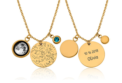Personalized Star Map and Moon Phase Necklace with a Birthstone, Stars by Date and Place, Custom Birth Moon and Star Chart Jewelry, KP.7