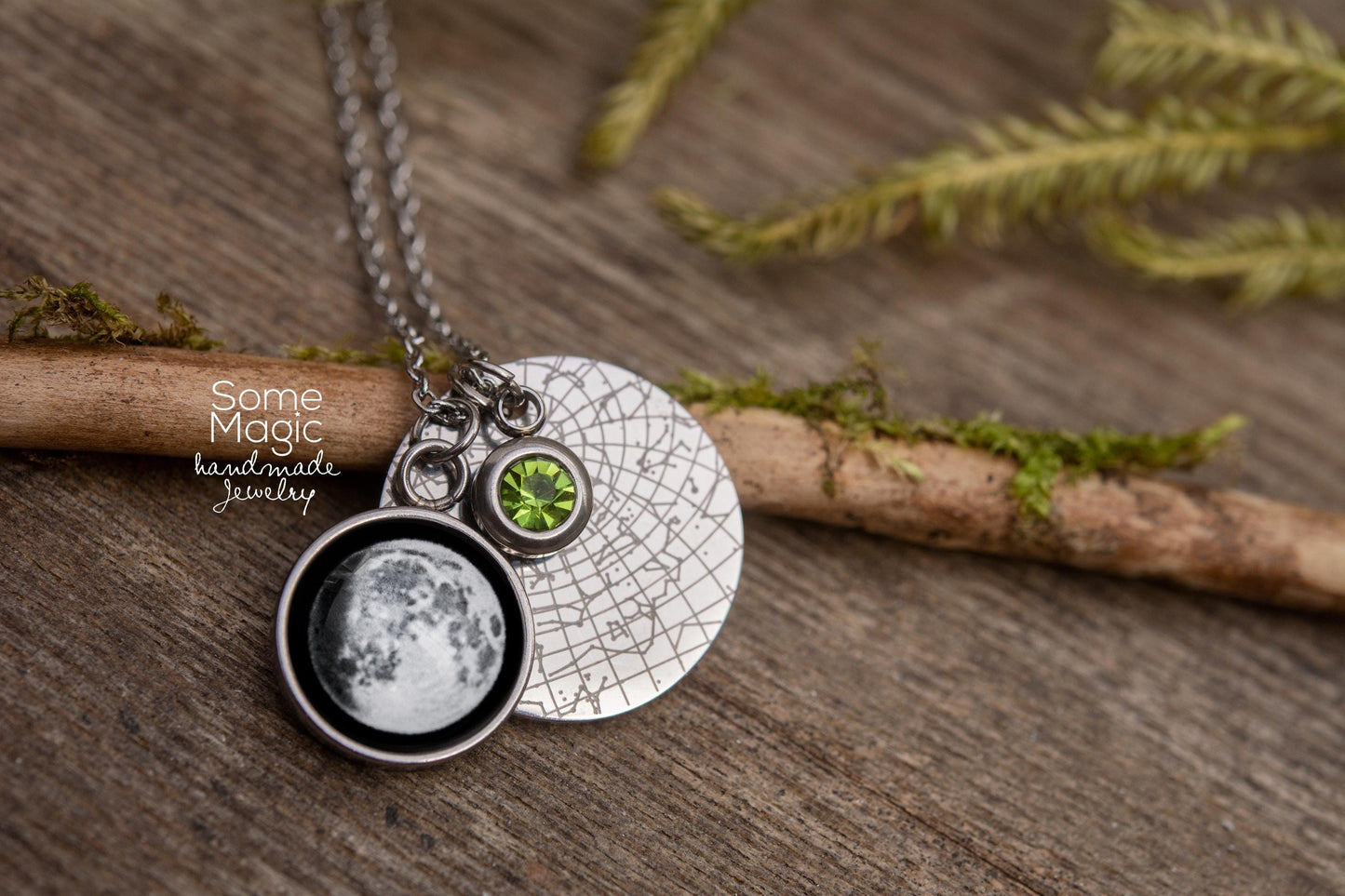 Personalized Star Map and Moon Phase Necklace with a Birthstone, Stars by Date and Place, Custom Birth Moon and Star Chart Jewelry, KP.7