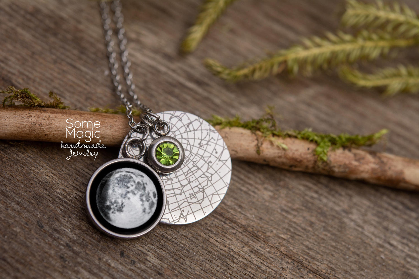 Moon Phase and Star Map Necklace with Birthstone, Custom Birth Moon Phase, Engraved Personalized Birthday Jewelry Gift for Her, KP.7