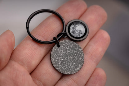 Star Map And Moon Phase Keychain, Engraved Custom Night Sky Keyring, Star Map By Date, Personalized Birthday Gift For Men, Anniversary, RP.2