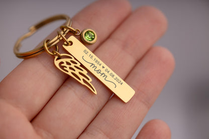 Loss of Mom Sympathy Gift, Memorial Keychain with Angel Wing and Birthstone, Remembrance Grief Gift Custom Engraved Personalized Keyring C.2