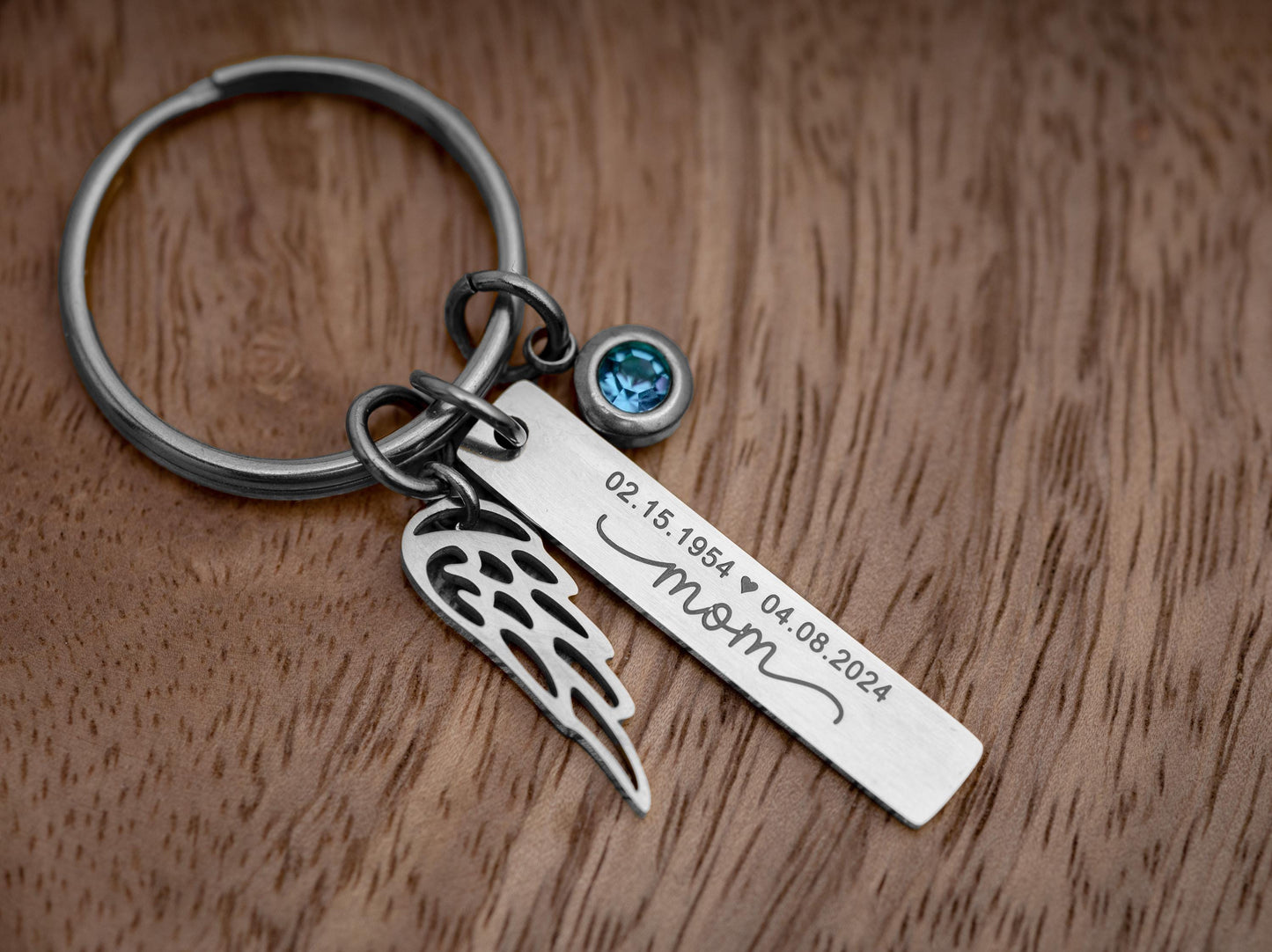 Loss of Mom Sympathy Gift, Memorial Keychain with Angel Wing and Birthstone, Remembrance Grief Gift Custom Engraved Personalized Keyring C.2