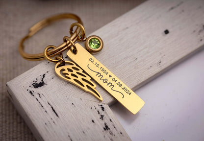 Loss of Mom Sympathy Gift, Memorial Keychain with Angel Wing and Birthstone, Remembrance Grief Gift Custom Engraved Personalized Keyring C.2