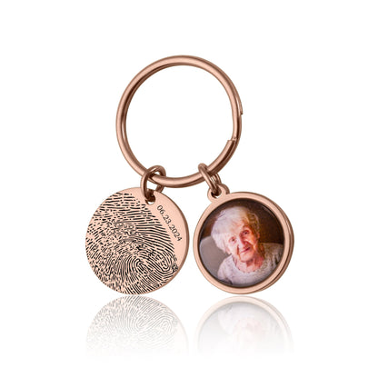 Memorial Keychain With Actual Fingerprint And Photo, Custom Engraved Keyring, Personalized Remembrance Grief Gift, Loss Of Father, C.1
