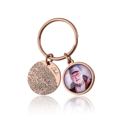 Memorial Keychain with Fingerprint & Person Photo, Custom Engraved Keyring, Personalized Remembrance Gift, Loss of Father, Loss of Dad, C.1