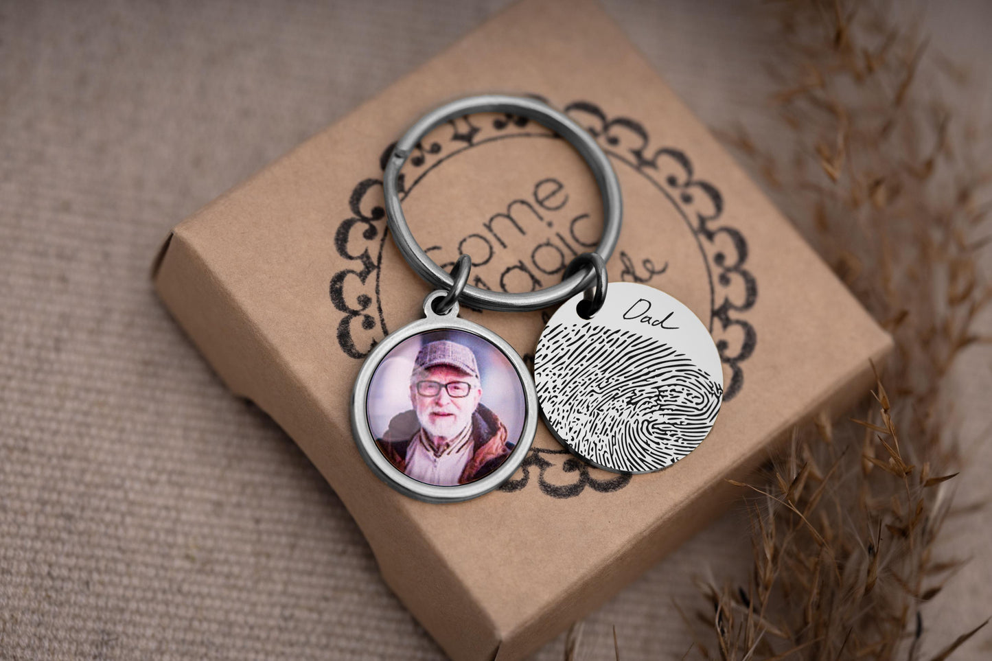 Memorial Keychain with Fingerprint & Person Photo, Custom Engraved Keyring, Personalized Remembrance Gift, Loss of Father, Loss of Dad, C.1
