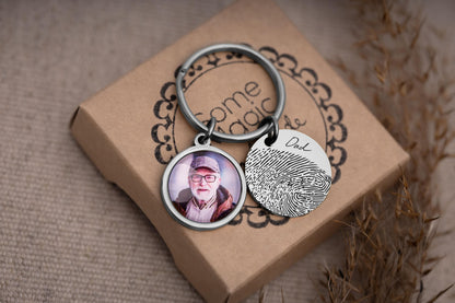 Memorial Keychain with Fingerprint & Person Photo, Custom Engraved Keyring, Personalized Remembrance Gift, Loss of Father, Loss of Dad, C.1