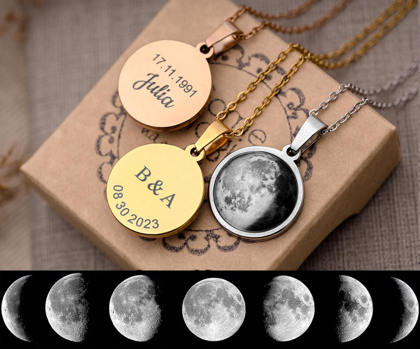 Custom Moon Phase Necklace for Women - Personalized Birthday or Anniversary Gift for Her - Engraved Date, Name, or Initial on the Back, KP.7