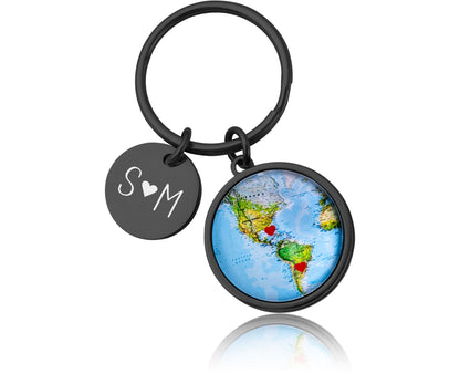 World Map Keychain with Hearts  Personalized Long Distance Relationship Gift for Boyfriend, Girlfriend, or Best Friend, Custom Keyring, C.1
