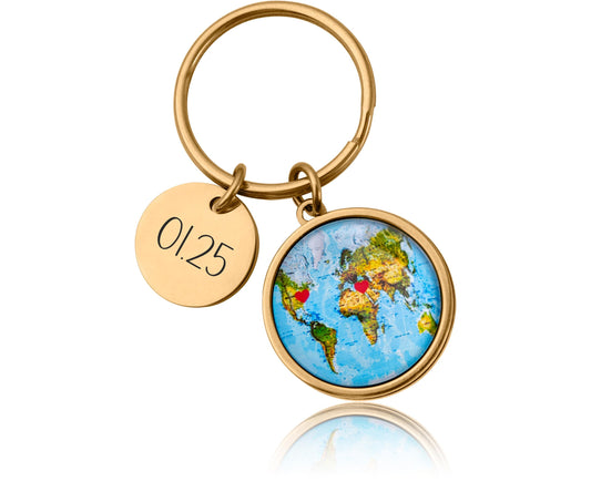 World Map Keychain with Hearts  Personalized Long Distance Relationship Gift for Boyfriend, Girlfriend, or Best Friend, Custom Keyring, C.1