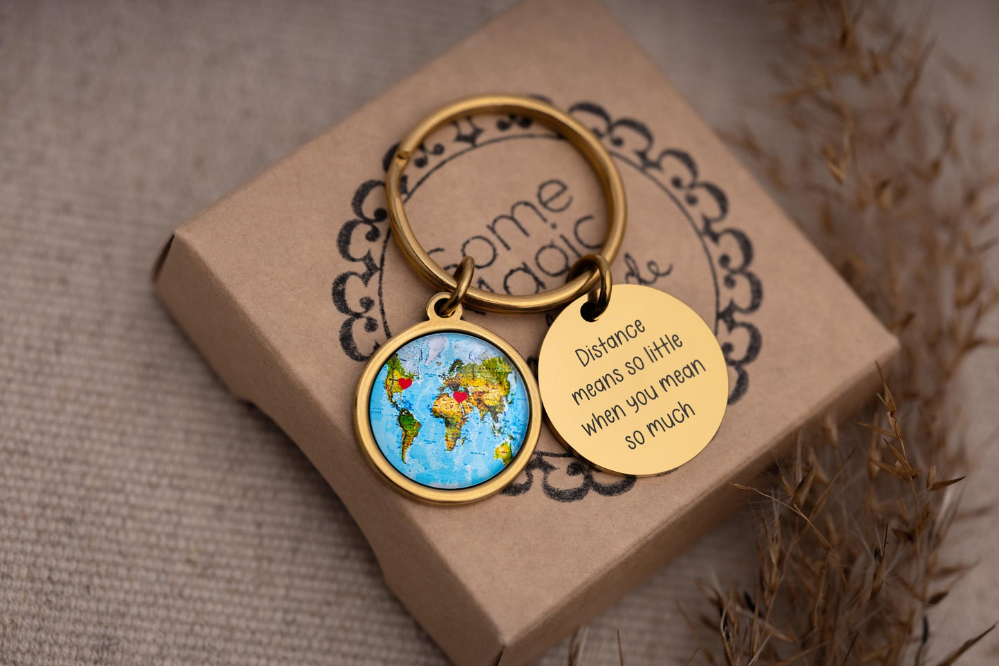 Long Distance Relationship Gift for Boyfriend or Girlfriend - Personalized Map Keychain with Hearts in Custom Locations & Engraved Text, C.1