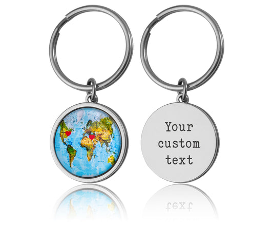 Personalized Map Keychain with Hearts in Chosen Locations or Places  Custom Long Distance Relationship Gift for Boyfriend Girlfriend, C.1
