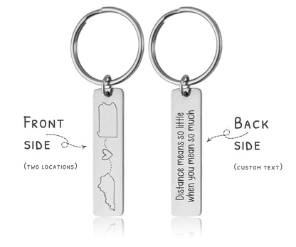 Custom Keychain with Two Locations, Personalized Long Distance Relationship Gift for Boyfriend, Girlfriend Best Friend Engraved Text, C.2