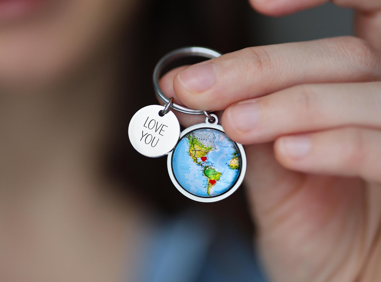 World Map Keychain with Hearts  Personalized Long Distance Relationship Gift for Boyfriend, Girlfriend, or Best Friend, Custom Keyring, C.1