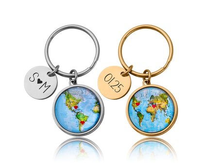 World Map Keychain with Hearts  Personalized Long Distance Relationship Gift for Boyfriend, Girlfriend, or Best Friend, Custom Keyring, C.1