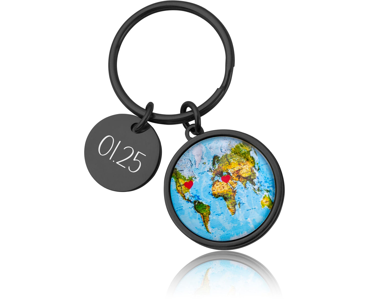 World Map Keychain with Hearts  Personalized Long Distance Relationship Gift for Boyfriend, Girlfriend, or Best Friend, Custom Keyring, C.1