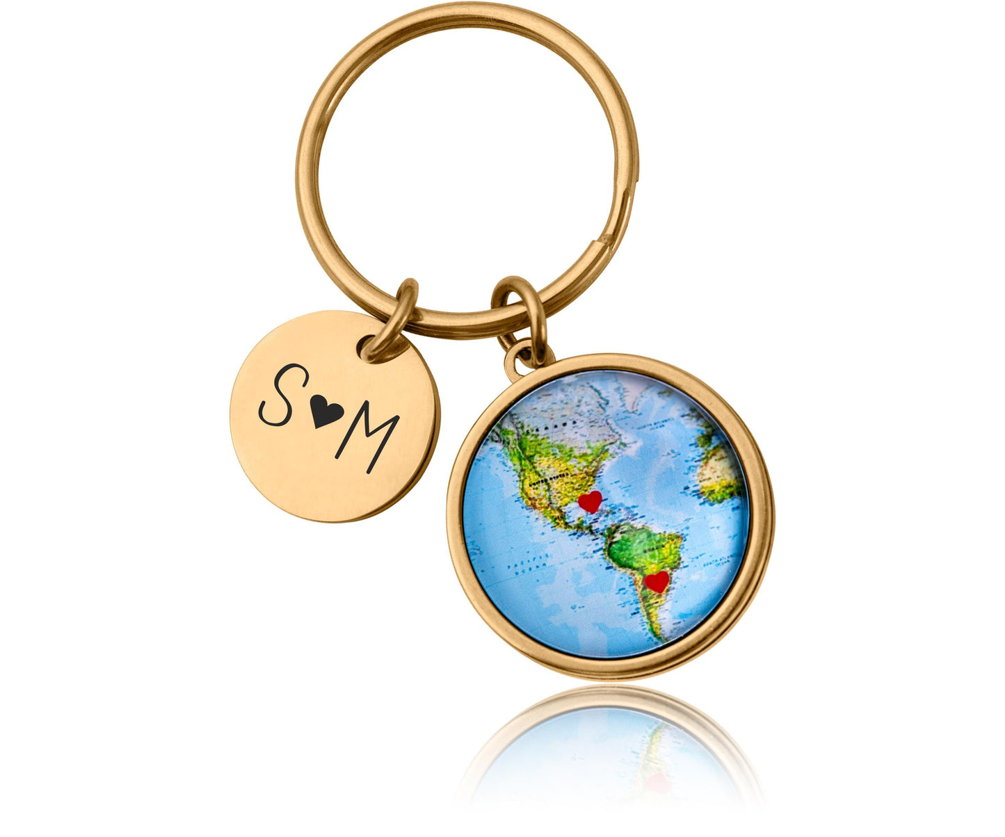 World Map Keychain with Hearts  Personalized Long Distance Relationship Gift for Boyfriend, Girlfriend, or Best Friend, Custom Keyring, C.1