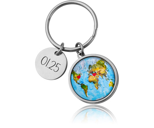 Map Keychain with Hearts – Personalized Long Distance Relationship Gift for Boyfriend, Girlfriend, Best Friend, Custom Engraved Keyring, C.1