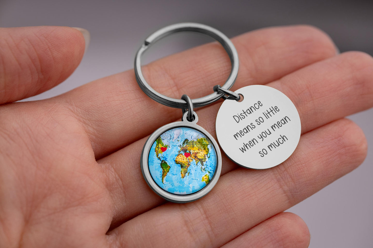 Long Distance Relationship Gift for Boyfriend or Girlfriend - Personalized Map Keychain with Hearts in Custom Locations & Engraved Text, C.1