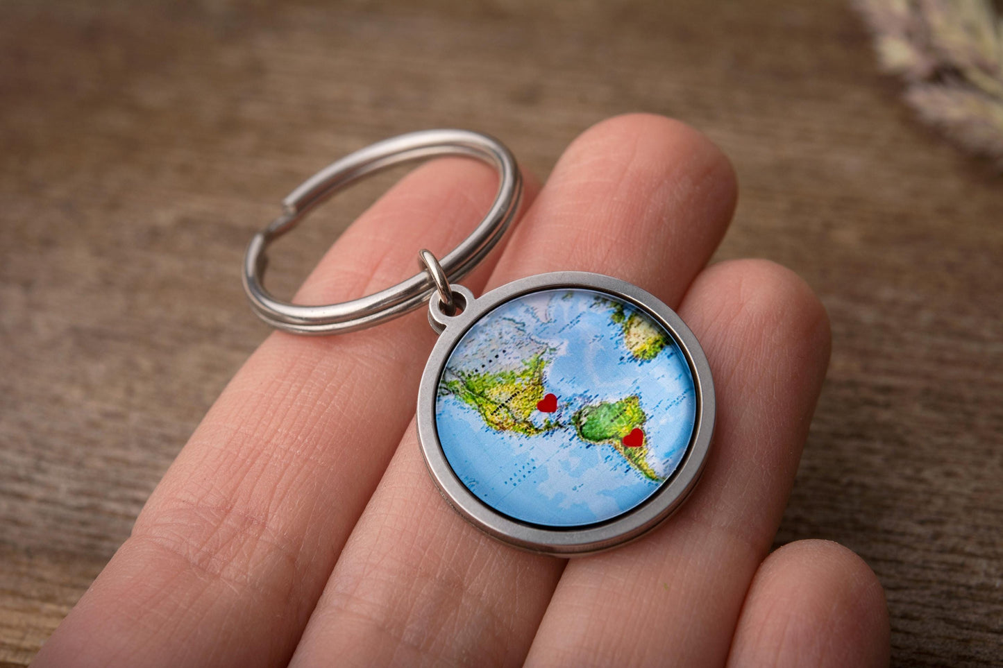 Custom Map Keychain with Hearts in Chosen Locations or Places  Personalized Long Distance Relationship Gift for Boyfriend, Girlfriend, C.1