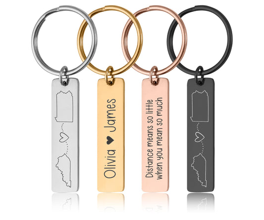 Custom Keychain with Two Locations, Personalized Long Distance Relationship Gift for Boyfriend, Girlfriend Best Friend Engraved Text, C.2