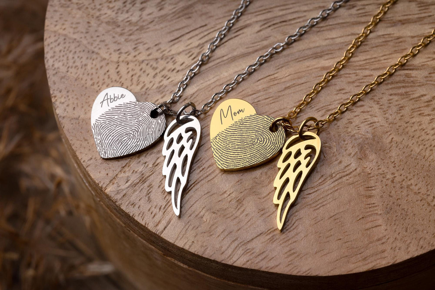 Heart Necklace with Fingerprint & Angel Wing, Memorial Loss of Mother or Father Sympathy Gift, Personalized Jewelry Grief Gift for Her, KP.2