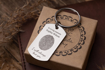 Actual Fingerprint Keychain - Personalized Memorial Keepsake with Custom Text - Sympathy, Condolence, or Bereavement Grief Gift for Him, C.2
